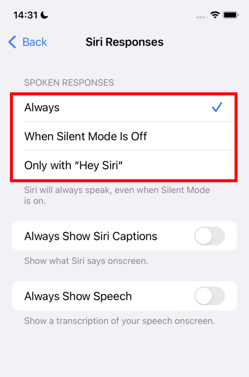 Select When Silent Mode is Off or Only with "Hey Siri" to change when you get a spoken response